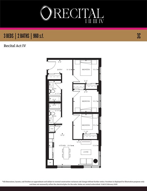 Floor plan for 3 beds, 2 baths, 960 sqft